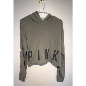 PINK Victorias Secret Crop Hoodie Tee Women’s M Olive Green y2k Lace Sleeve Top